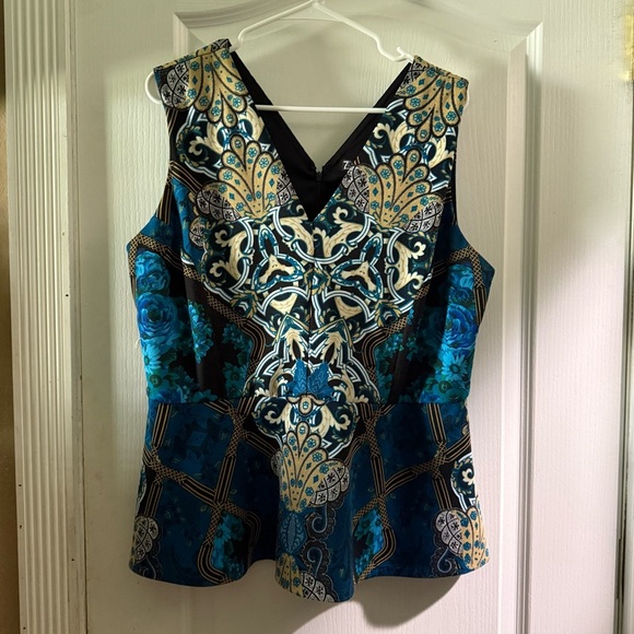 7th Ave Design Studio New York & Company Blue and Gold Patterned Peplum Blouse - Picture 1 of 7